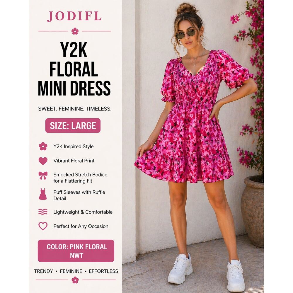246-Jodifl Floral Smocked Mini Dress Large Pink Puff Sleeve Babydoll Y2K Boho